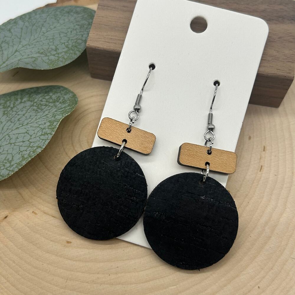 5/$25 Cork on Leather and Wood Circle Round Neutral Dangle Lightweight Earrings